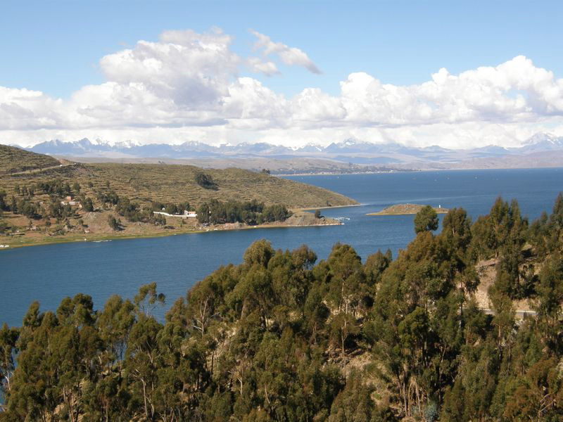 Blick über den Titicaca-See auf die Cordillera Real 